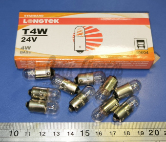 Лампа 24В 4Вт (T4W) BA9s Standard (К10) LONGTEK 24В 4Вт 40604